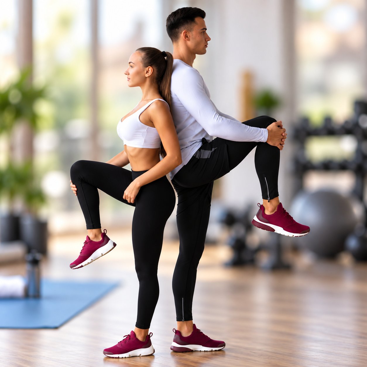 A man and a woman perform a partner yoga stretch in a bright, modern gym. The woman wears a white sports bra and black leggings, while the man wears a white long-sleeve shirt, black leggings, and maroon athletic shoes.